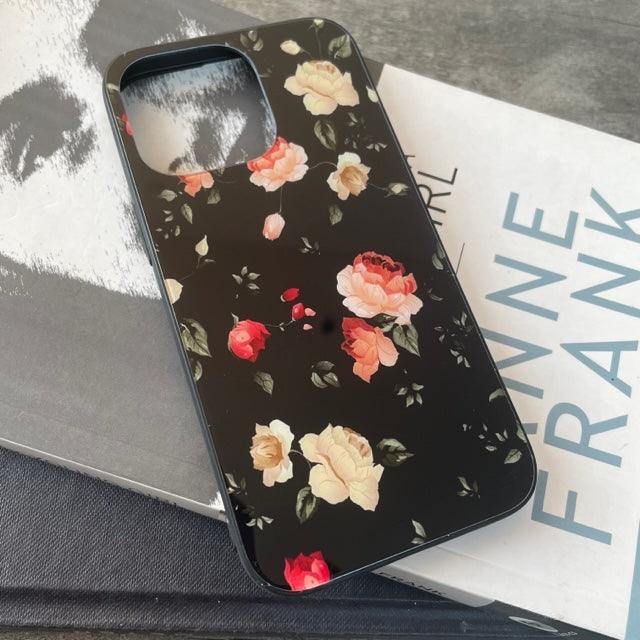 Black Floral Print Glossy Case For iPhone 11 12 13 Series